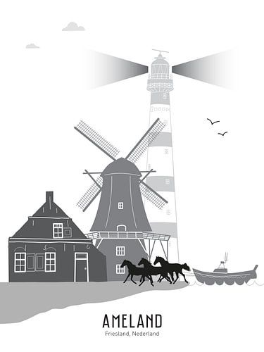 Skyline illustratie waddeneiland Ameland zwart-wit-grijs