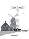 Skyline illustratie waddeneiland Ameland zwart-wit-grijs van Mevrouw Emmer thumbnail