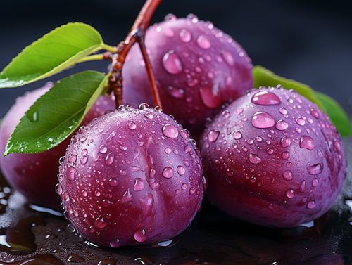 Verse biologische pruimen met waterdruppel achtergrond