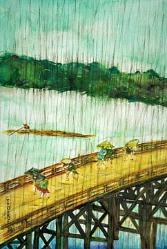Japanse kunst/ Japanse  brug in de regen. ( Aquarel handgeschilderd ) van Ineke de Rijk