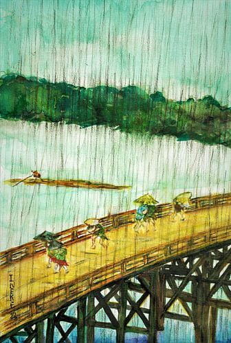 Pont japonais sous la pluie. ( Aquarelle peinte à la main )