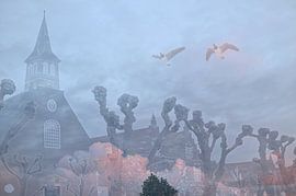 Wild geese flying above the church tower by Art. by Janine