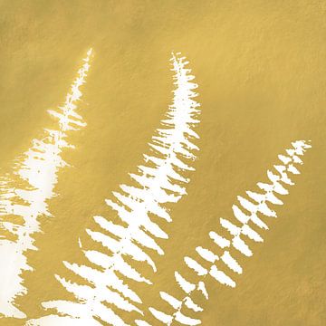 Weiße Farnblätter auf goldenem Hintergrund. Botanische Kunst von Dina Dankers