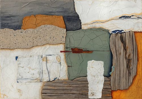 Gemengde media collage met papier, hout en betonnen elementen