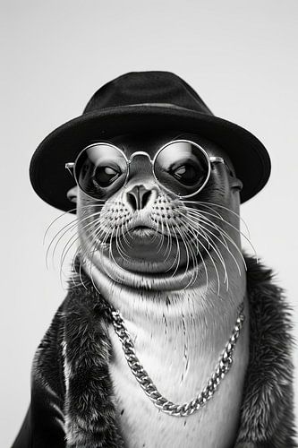Zeehond in hipsterstijl met bril en pet