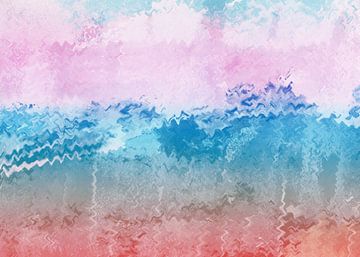 Colorful abstract landscape in pink, blue, warm red. by Dina Dankers