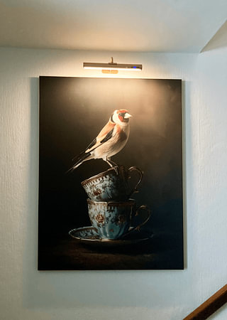 Chardonneret sur des tasses vintage dans une lumière douce