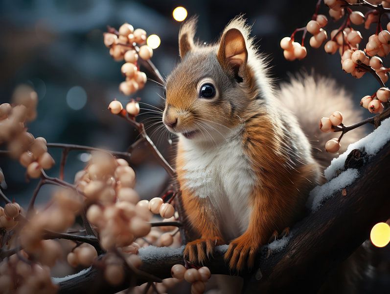Squirrel and Snowy Beauty by Eva Lee