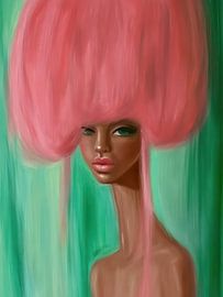 Gemälde einer schwarzen Frau mit rosa Afrofrisur