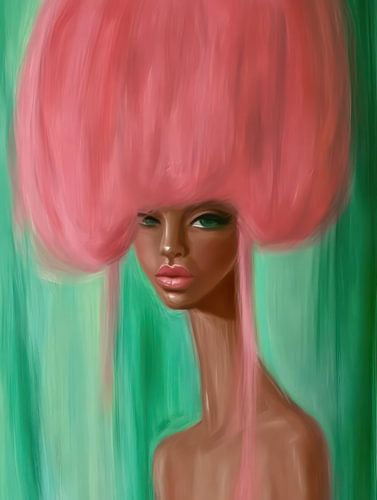 Painting of black woman with pink afro hairstyle