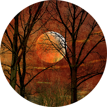 Maan tussen de Bomen 2 Fantasie met Rood en Oranje. van Alie Ekkelenkamp