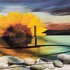 Zonnebloem, strand, schelpen en lucht. Digitaal fotowerk. Lijkend een ondergaande zon van Andre Wilkens