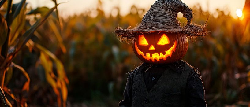 Cute pumpkin monster in the field at sunset by Poster Art Shop