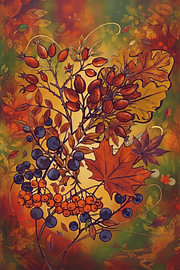 Botanische Herbstillustration mit Beeren und Blättern.