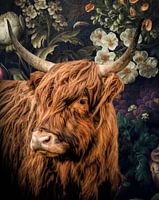 Stilleven Schotse Hooglander met bloemen