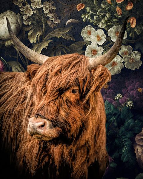 Still life Scottish Highlander with flowers by Marjolein van Middelkoop