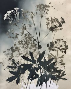 Botanischer Monodruck in Blau, Schwarz und Weiß