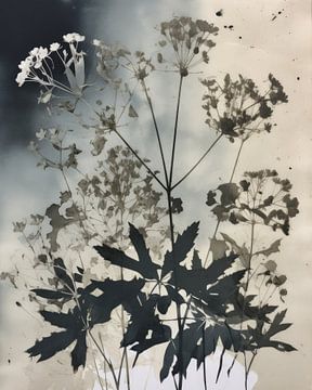 Botanische monoprint in blauw, zwart en wit van Studio Allee