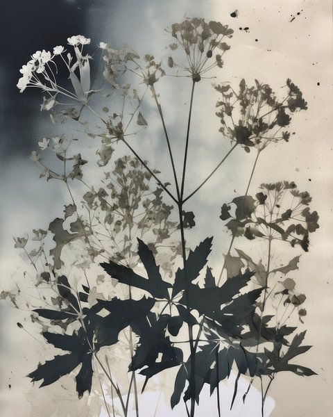 Botanical monoprint in blue, black and white by Studio Allee