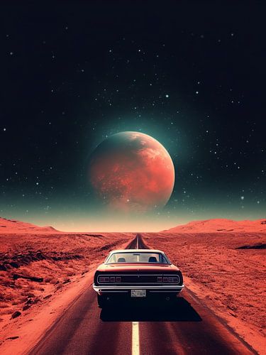 muscle car in mars met maan ruimte wereld aarde