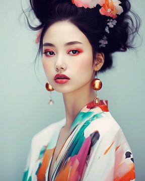 Portrait coloré en gros plan d'une jeune femme asiatique sur Carla Van Iersel