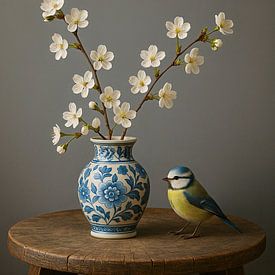 Spring Rest - Delft Blue Still Life with Bird by Kleurenrijk