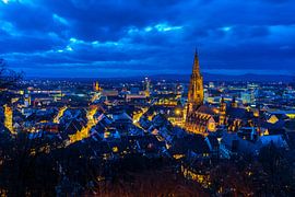 Allemagne, lumières de la ville et ligne d'horizon de Freiburg im Breisgau vues du ciel sur adventure-photos