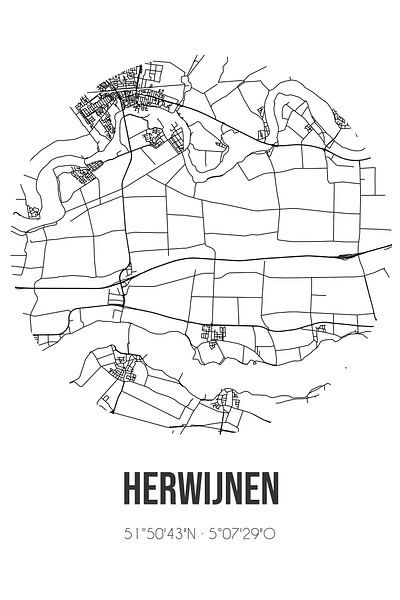 Herwijnen (Gelderland) | Map | Black and White by Prints of Place