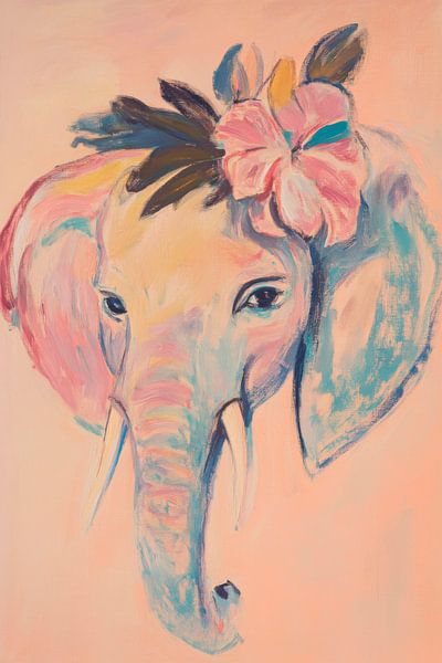 Kleurrijke olifant met bloemenkrans van Poster Art Shop