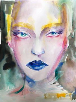 Blauwe Lippen. Kleurrijk, aquarel portret. van Edyta Sylvia
