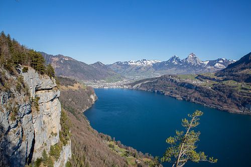 Gezicht op Brunnen en Rütli aan de oever van het Meer van Uri met de Kleiner en Grosser Mythen. Cent