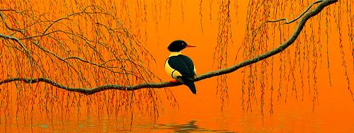 Orange evening stillness with a bird | a single note on a branch