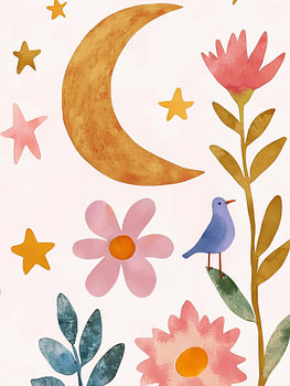 Little Blue Bird with Moon and Spring Flowers