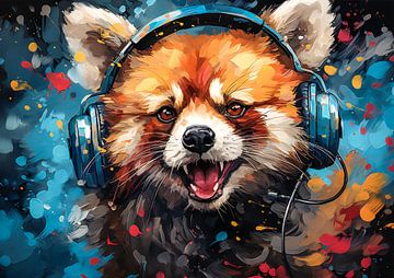 Grappige rode panda luistert naar muziek
