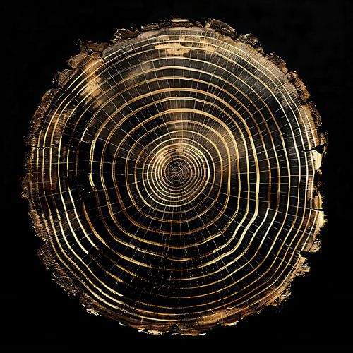 Gouden doorsnede van een boomstam op zwart