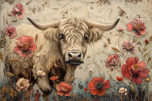 Highlander in Floral Field - Natural Grace and Colourful Splendour