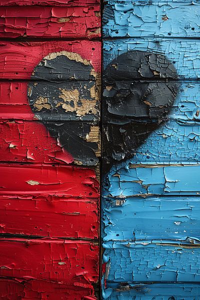 Graffiti d'un coeur brisé sur un mur en bois rouge et bleu par Art & Soul Creations