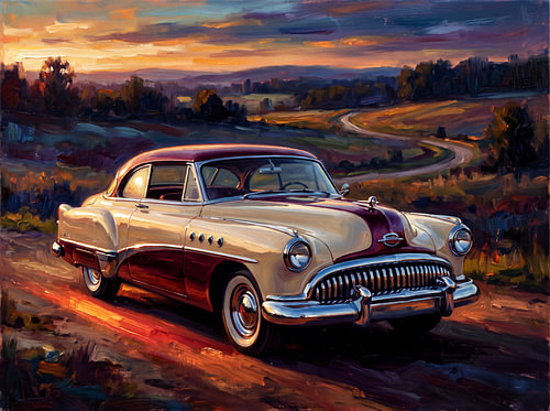 Une Buick Roadmaster sur un chemin de terre au coucher du soleil