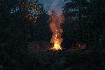 Campfire at night in deep forest by Besa Art