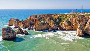 Aerial view of the rocks at Ponte Piedade near Lagos in Portugal Europe by Eye on You