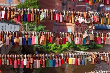 Kleurrijke liefdessloten op de Brausebrug, Lüneburg, Nedersaksen van Torsten Krüger