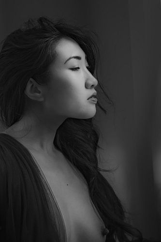 Silk Mystery: Sensual Black and White Portrait