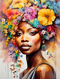Portrait coloré à l'aquarelle : Femme aux cheveux ornés de fleurs