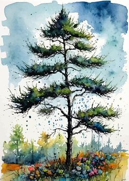 Tannenbaum Aquarell - Ausdrucksstarke Naturlandschaft