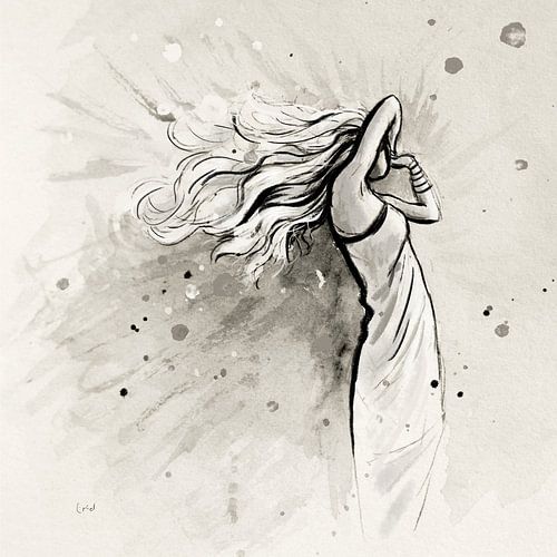 Vrouw met golvende haren in de wind