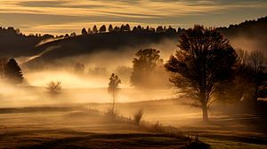 Goldener Sonnenaufgang in der Landschaft der Misty Hills von Vlindertuin Art