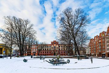 Blick über den Brunnen der Lebensfreude auf die Universität im