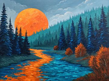 Crimson Orb's Embrace: Een lichtgevende rivier stroomt door de fluisteringen van de schemering en de saffieren bossen van Artistic