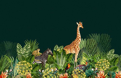 Jungle met giraffe, zebra en vogels.