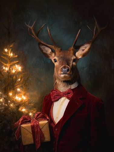 Festive reindeer portrait with gift in red velvet costume and warm Christmas atmosphere